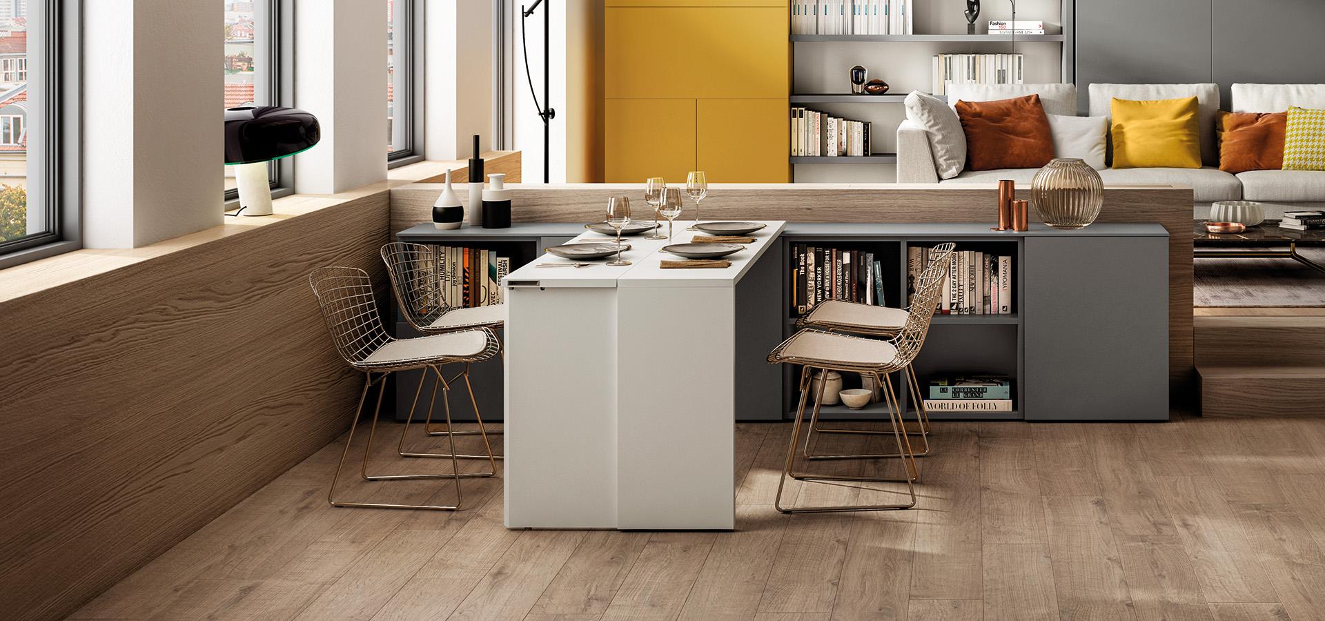 Clei Console with pivoting folding table with floor storage units