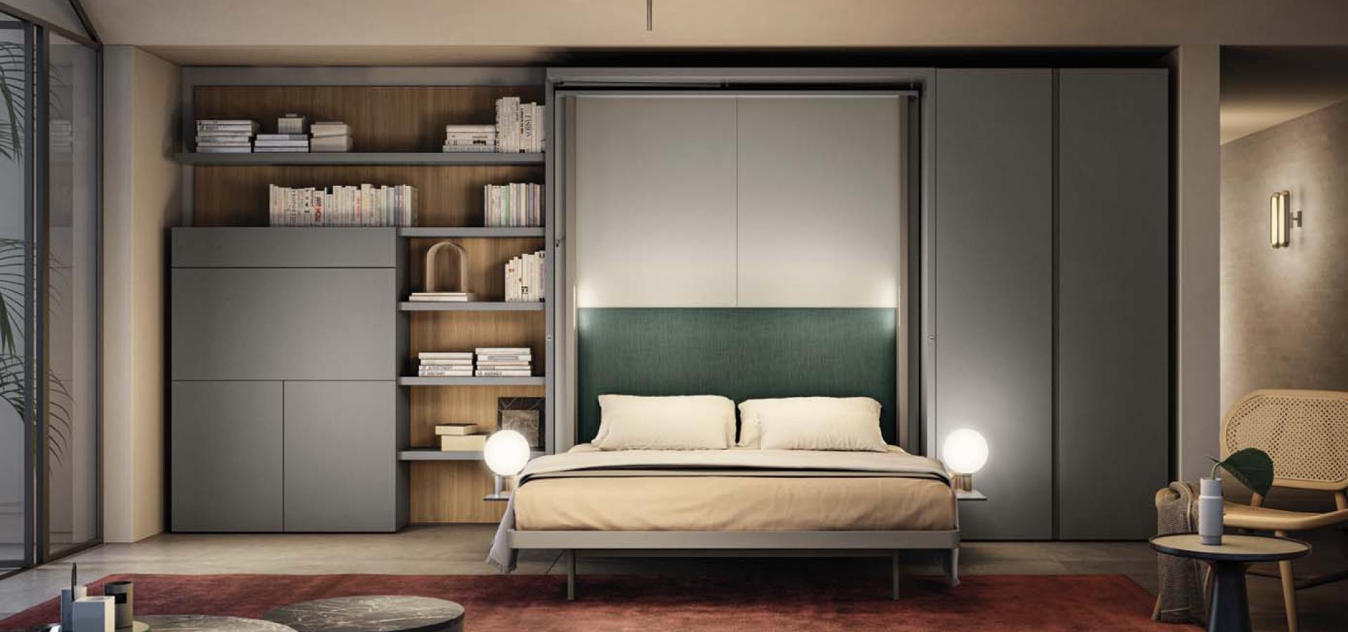 Clei Libreria girevole con porta tv e tavolo sganciabile con letto matrimoniale a scomparsa