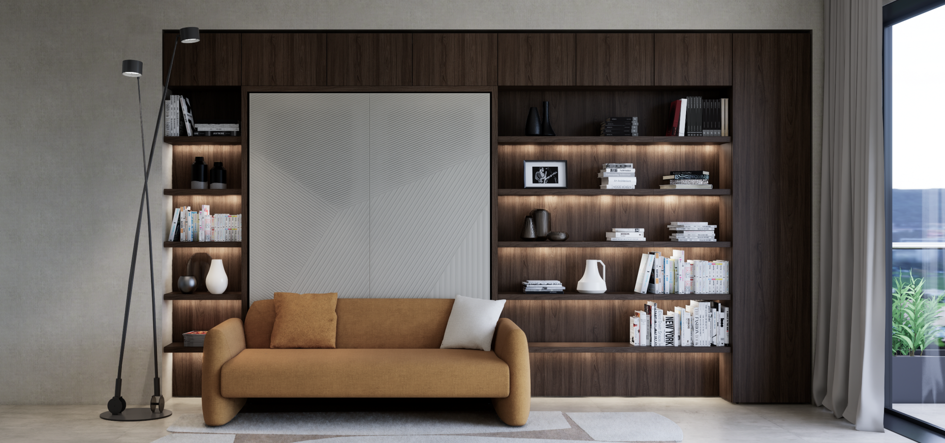 Clei Linear Sofa and fold-down transforming double bed and shelves