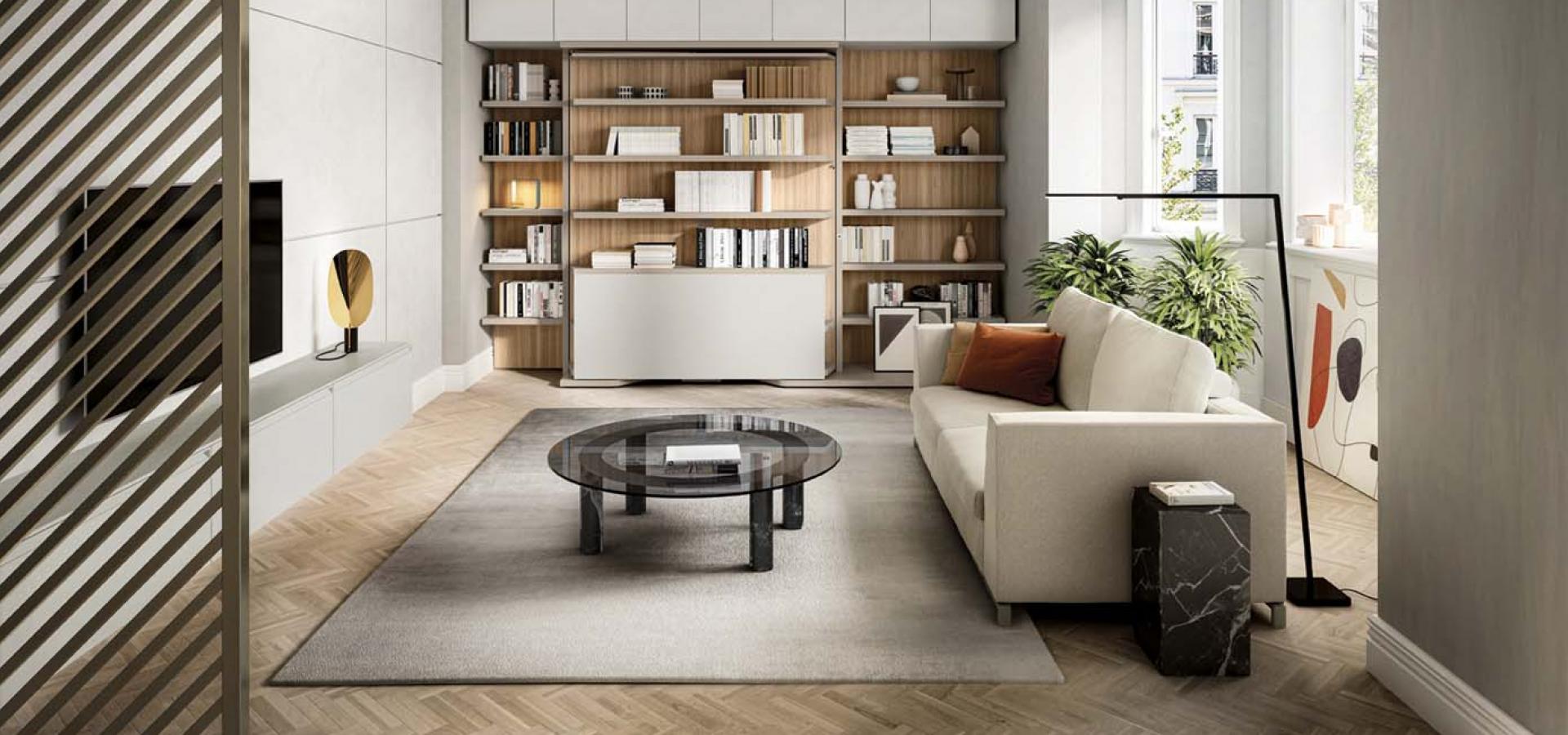 Clei Rotating bookshelf with tilting opening table and double murphy bed